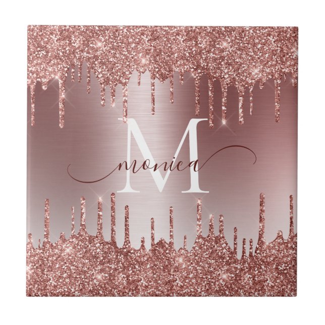 Girly Rose Gold Sparkle Glitter Drips Monogrammed Ceramic Tile (Front)