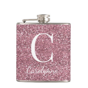 Girly Rose Gold Sparkle Glitter Monogram Hip Flask