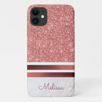 Girly Rose Gold Stripes Faux Glitter with Name