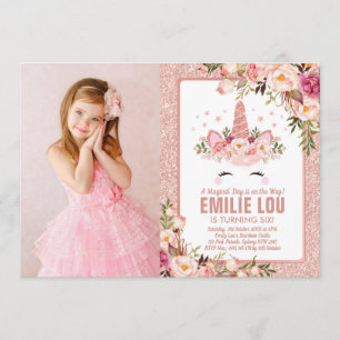 Girly Rose Gold Unicorn Watercolor Roses Birthday Invitation