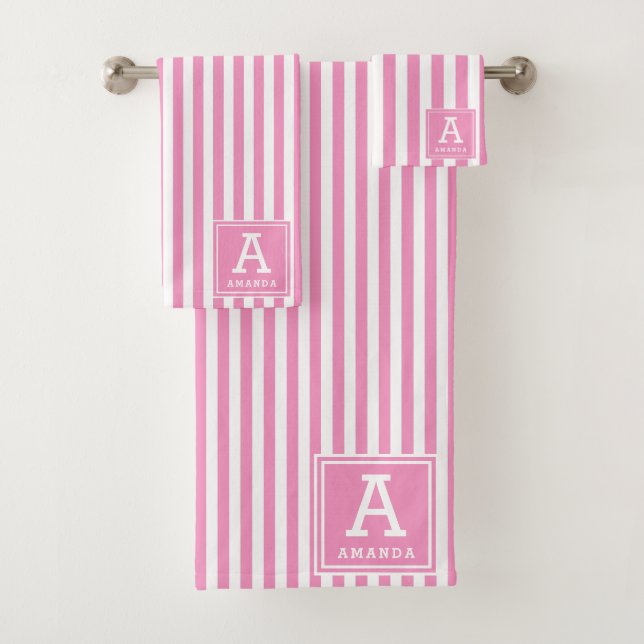 Girly Rose Pink Cabana Stripes Monogrammed Initial Bath Towel Set (Insitu)