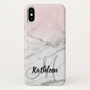 Girly Rose Pink Grey Marble Monogram Name iPhone X Case
