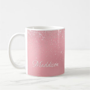 Girly Rose Pink Silver Glitter Personalised Name Coffee Mug