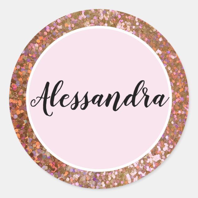 Girly Rose Purple Glitter Name Classic Classic Round Sticker (Front)