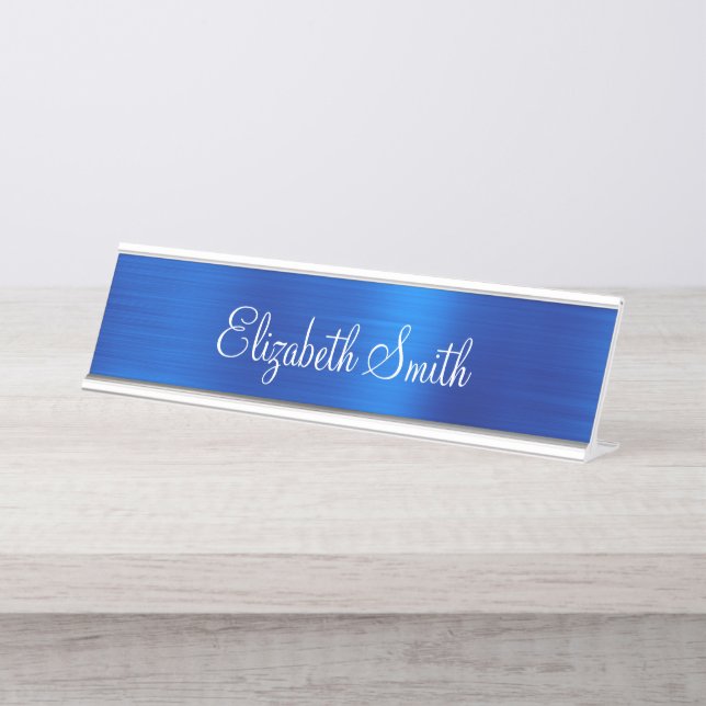Girly Royal Blue Metallic Foil Desk Name Plate (Front)