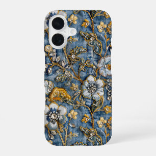 Girly Rustic White Floral Embroidered Blue Denim iPhone 16 Case