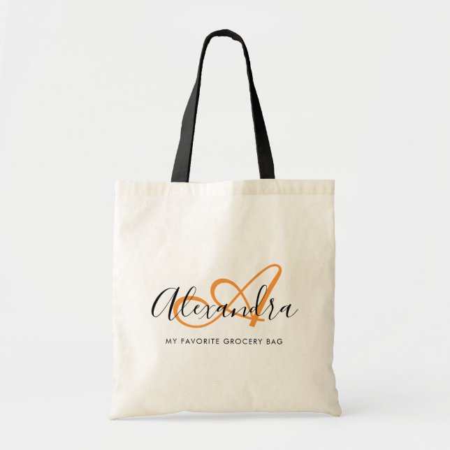 Girly Saffron Orange Elegant Script Name Monogram Tote Bag (Front)