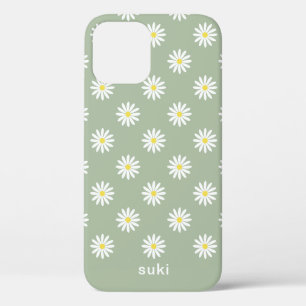 Girly Sage Green Daisy Flower Pattern Name iPhone 12 Case