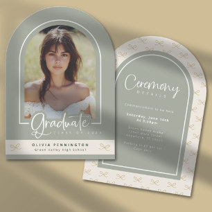 Girly Sage Green Photo Graduation Announcement