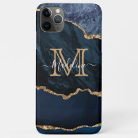 Girly Script Monogram Navy Blue Agate Geode