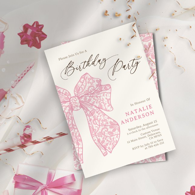 Girly Script Pink Floral Lace Bow Birthday Party Invitation (Girly Script Pink Floral Lace Bow Birthday Party Invitation)