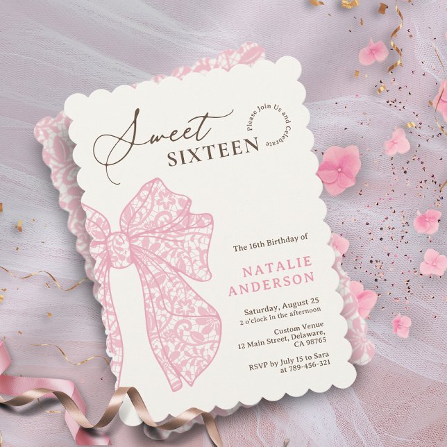 Girly Script Pink Floral Lace Bow Sweet Sixteen Invitation (Girly Script Pink Floral Lace Bow Sweet Sixteen Invitation)