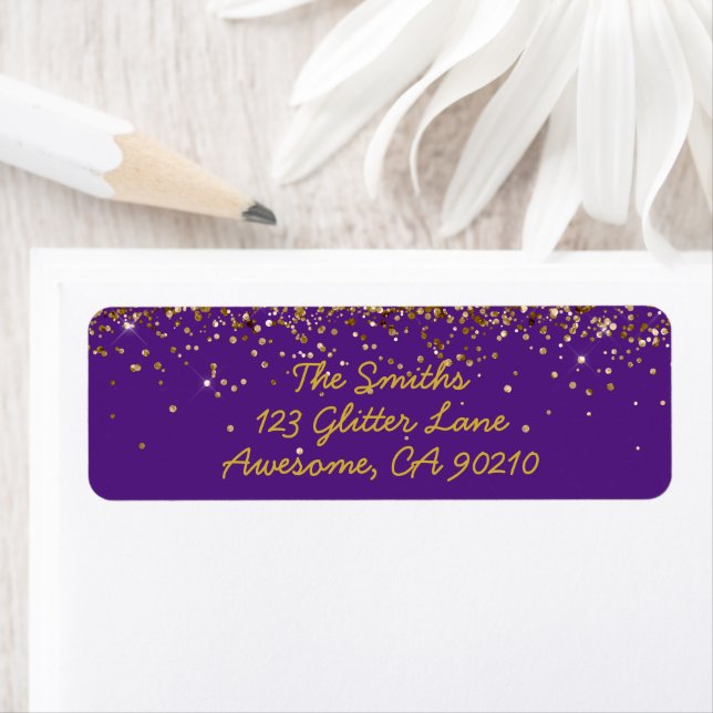 Girly Script Purple & Gold Wedding Return Address Label (Insitu)