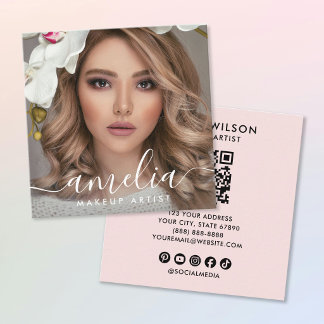 Girly Script QR Code Photo  Square Blush Pink Business Card