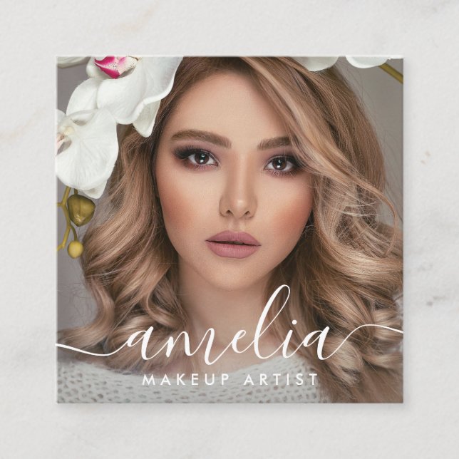 Girly Script QR Code Photo  Square Business Card (Front)