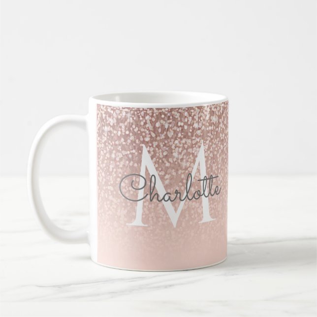 Girly Script Rose Gold Glitter Blush Pink Monogram Coffee Mug (Left)