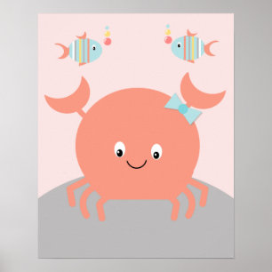 Girly Sea Ocean Life Pink Crab Art Poster