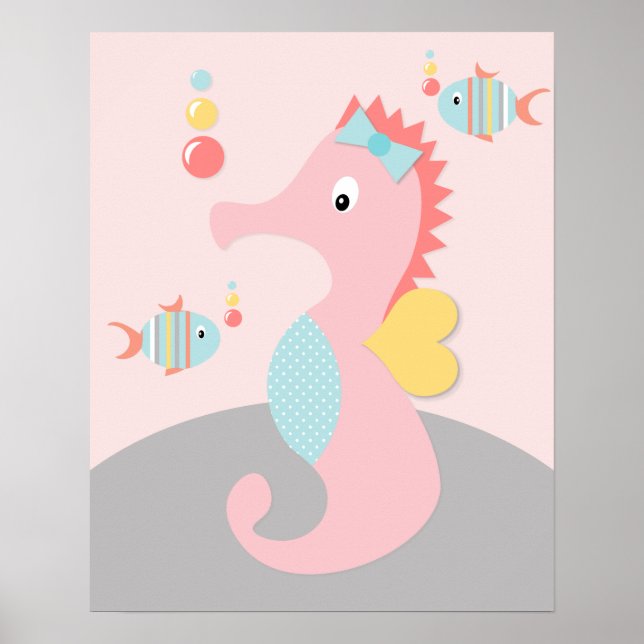 Girly Sea Ocean Life Pink Seahorse Art Poster (Front)