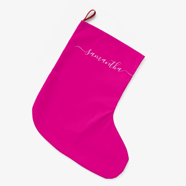 Girly Signature Name Hot Pink Large Christmas Stocking (Front (Hanging))