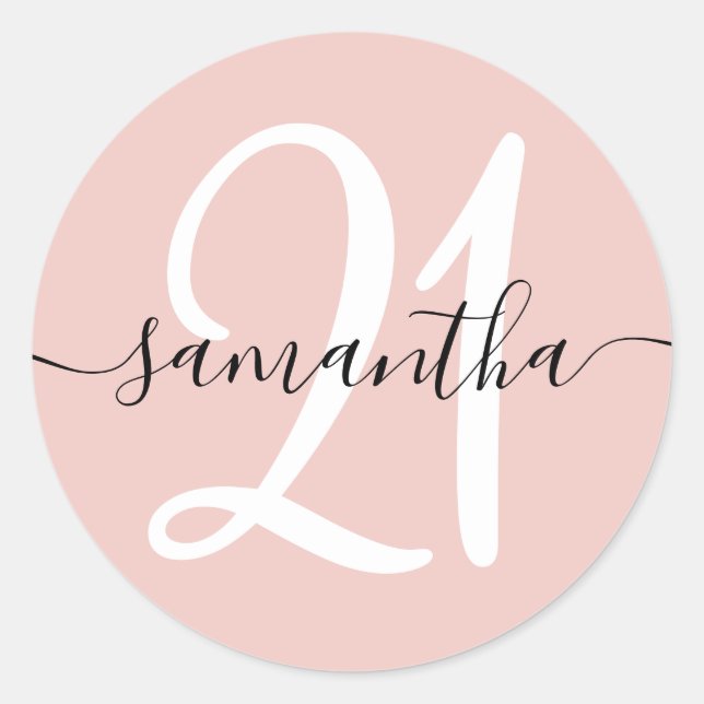 Girly Signature Personalised Number 21 Blush Classic Round Sticker (Front)