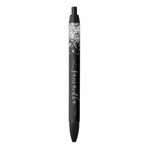 Girly Signature Silver Glitter on Black Black Ink Pen