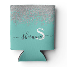 Girly Silver and Teal Monogram Aqua Sparkle