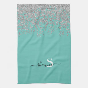 Girly Silver and Teal Monogram Aqua Sparkle Tea Towel