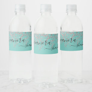 Girly Silver and Teal Monogram Aqua Sparkle Water Bottle Label
