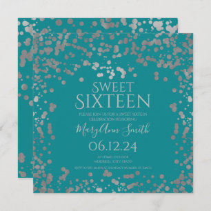 Girly Silver Foil Confetti Sweet 16 Invite Teal