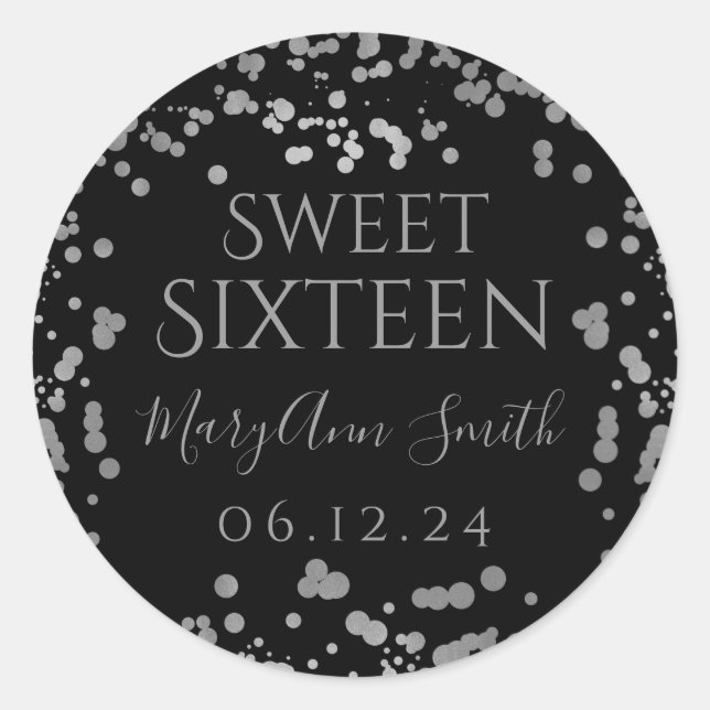 Girly Silver Foil Confetti Sweet Sixteen Black Classic Round Sticker (Front)
