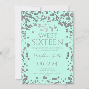 Girly Silver Foil Confetti Sweet Sixteen Mint  Invitation