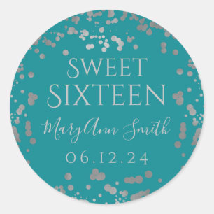 Girly Silver Foil Confetti Sweet Sixteen Teal  Classic Round Sticker