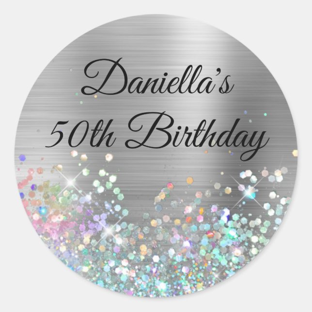 Girly Silver Foil Holo Glitter Birthday Classic Round Sticker (Front)
