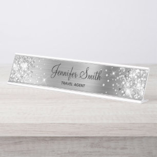 Girly Silver Glitter and Foil Desk Name Plate