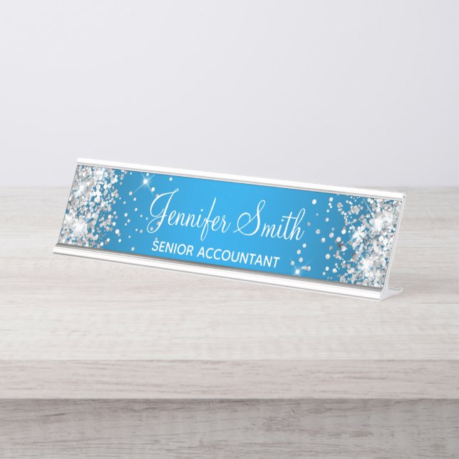 Girly Silver Glitter Azure Gradient Desk Name Plate (Front)