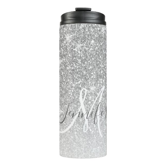 Girly Silver Glitter Blush Monogram Name  Thermal Tumbler (Front)