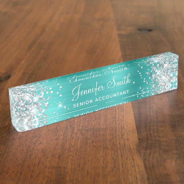 Girly Silver Glitter Bright Turquoise Foil Nameplate (Side)