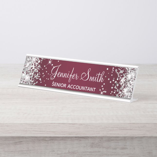 Girly Silver Glitter Burgundy Gradient Desk Name Plate (Front)