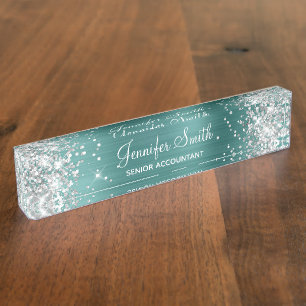 Girly Silver Glitter Faux Aqua Teal Foil Nameplate