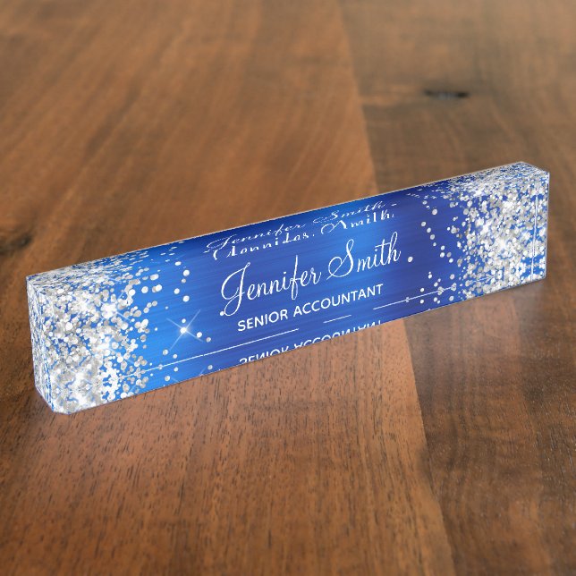 Girly Silver Glitter Faux Royal Blue Foil Nameplate (Side)