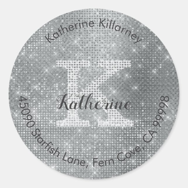 Girly Silver Glitter Glam Monogram Envelope Seal (Front)