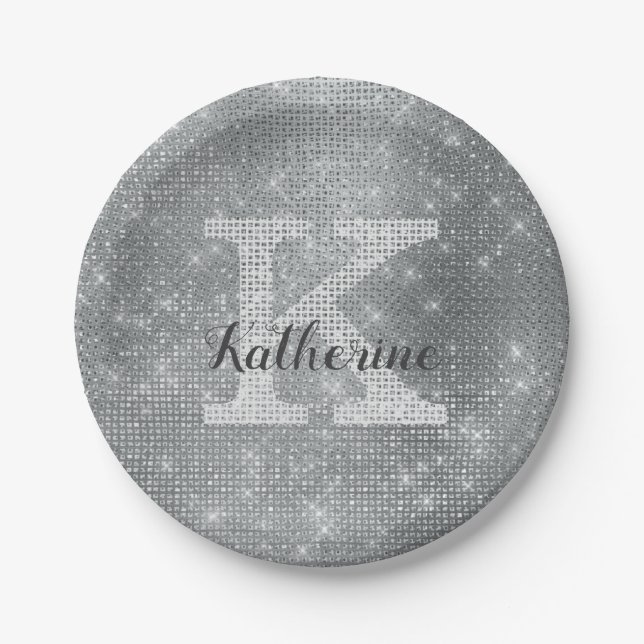 Girly Silver Glitter Glam Sparkle Monogram Name Paper Plate (Front)