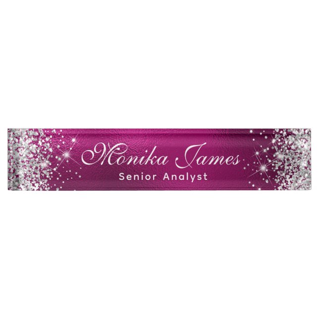 Girly Silver Glitter Hot Pink Foil Ombre Custom Nameplate (Front)