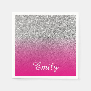 Girly Silver Glitter Hot Pink Personalised Napkin