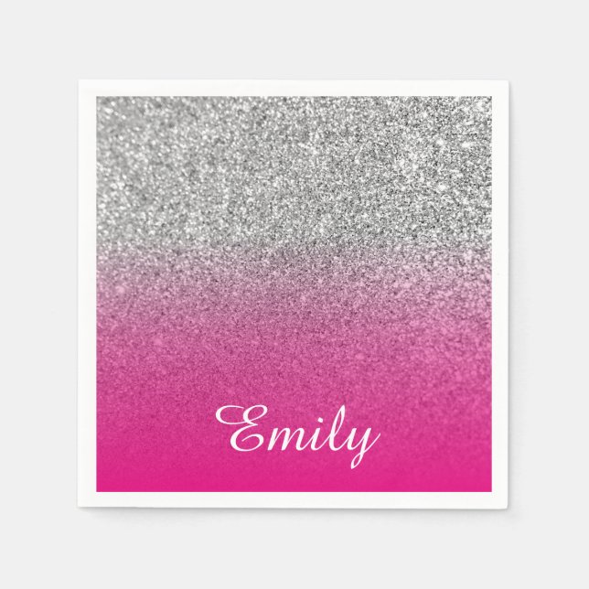 Girly Silver Glitter Hot Pink Personalised Napkin (Front)