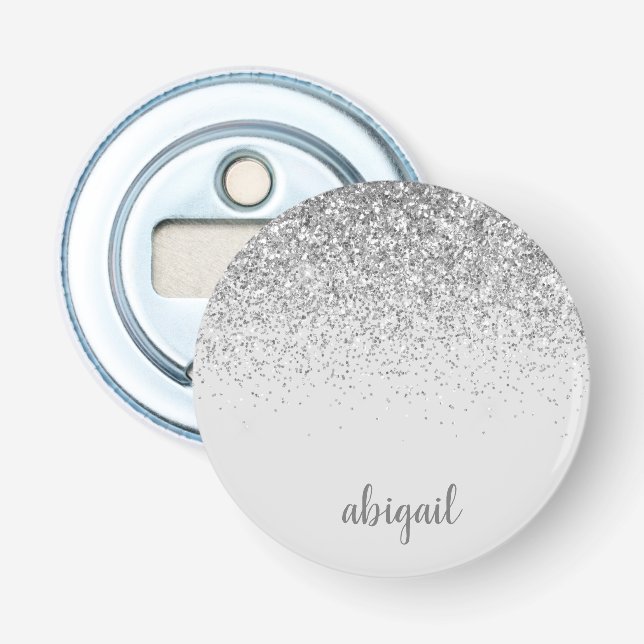 Girly Silver Glitter Modern Monogram Name Bottle Opener (Front)