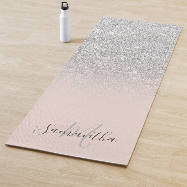 Girly silver glitter ombre pink monogrammed yoga mat (In Situ)