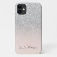 Girly silver glitter ombre sparkles monogrammed