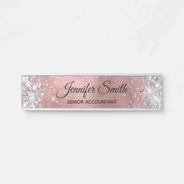 Girly Silver Glitter Rose Gold Ombre Foil Door Sign (Front)