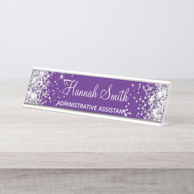 Girly Silver Glitter Royal Purple Desk Name Plate (Front)